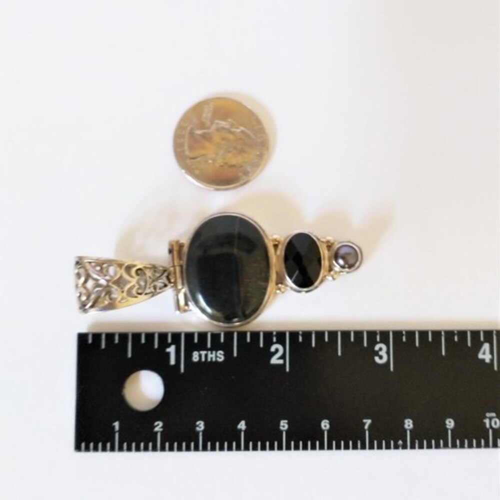 Vintage Sterling Silver 925 Large Pendant Stone Onyx Pearl Triple Drop Statement - Picture 10 of 12